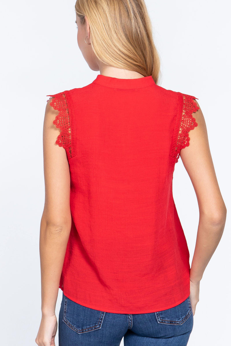 Lace Slv China Colllar Woven Top - AM APPAREL