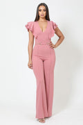 Layered Ruffle Shoulder Jumpsuit W/ Buckle Detail - AM APPAREL
