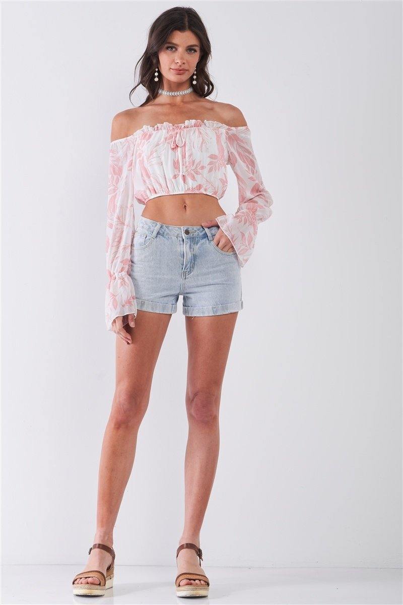 Leaf Print Off-the-shoulder Long Flounce Sleeve Self-tie Front Cropped Top - AM APPAREL