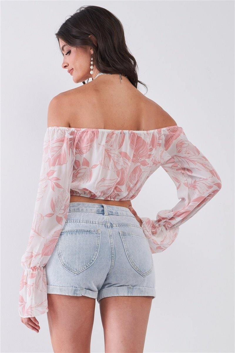 Leaf Print Off-the-shoulder Long Flounce Sleeve Self-tie Front Cropped Top - AM APPAREL