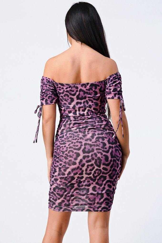 Leopard Print Off Shoulder Shirring Bodycon Dress - AM APPAREL
