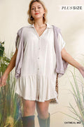 Linen Blend Animal Print Short Folded Sleeve Button Down Dress With Frayed Scoop Hem - AM APPAREL