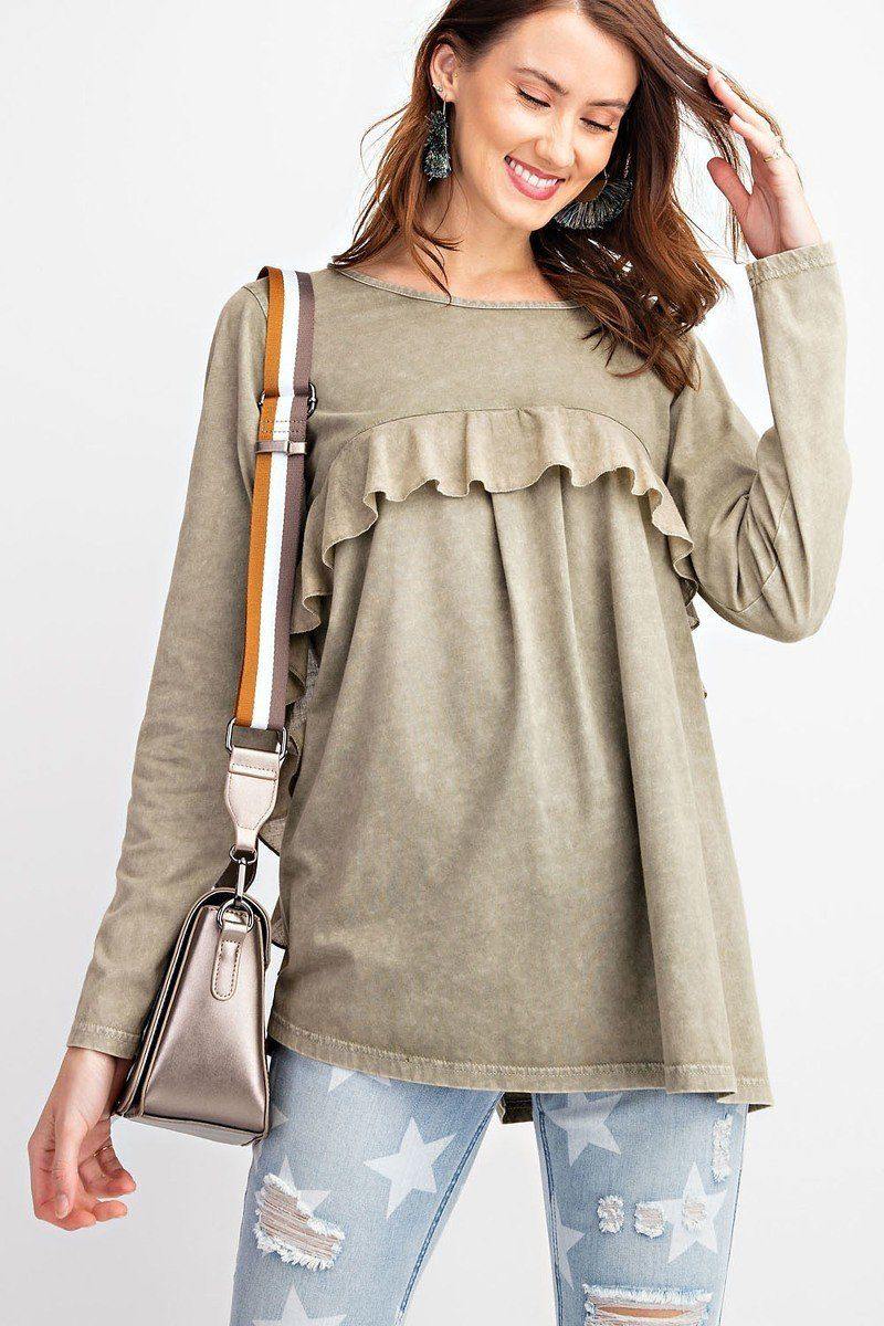 Long Sleeve Ruffled Detailing Oil Washed Knit Tunic - AM APPAREL