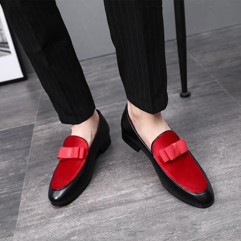 Men's Bowknot Detail Faux Leather Loafers - AM APPAREL
