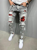 Men's Distressed Slim Fit Patchwork Jeans - AM APPAREL