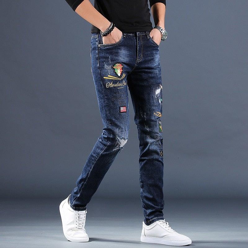 Men's Embroidered Pencil Jeans - AM APPAREL