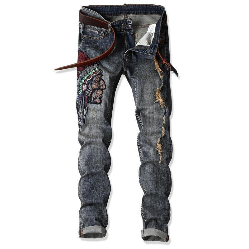 Men's Embroidery Distressed Loose Fit Jeans - AM APPAREL