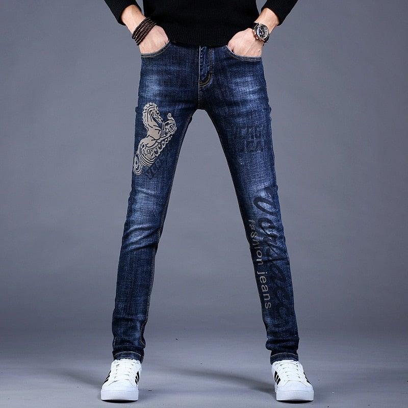Men's Embroidery Trendy Straight Slim Fashion Jeans - AM APPAREL