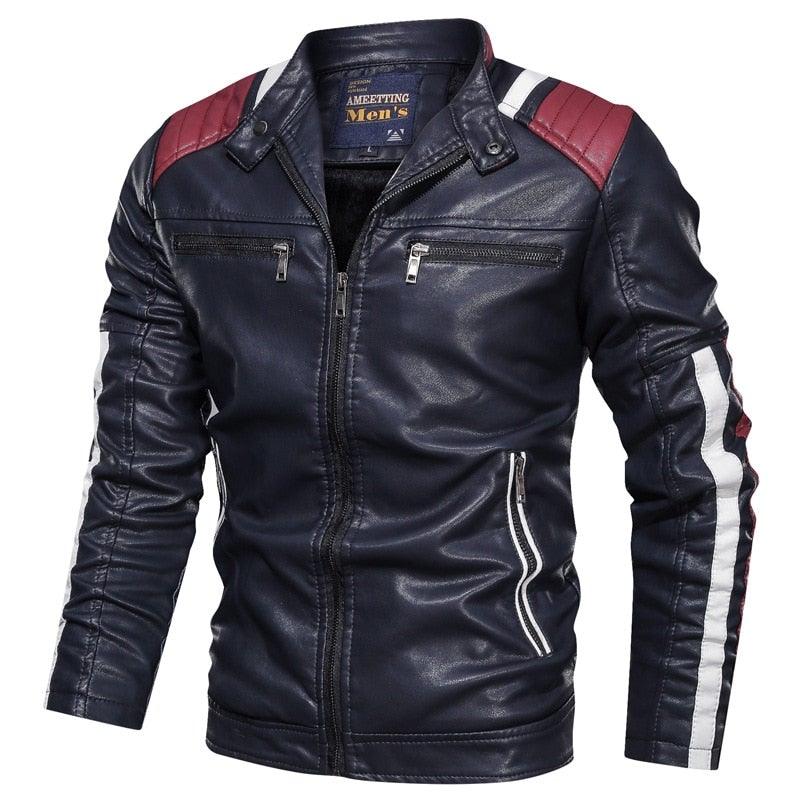 Men's Faux Leather Casual Stand Collar Jacket - AM APPAREL