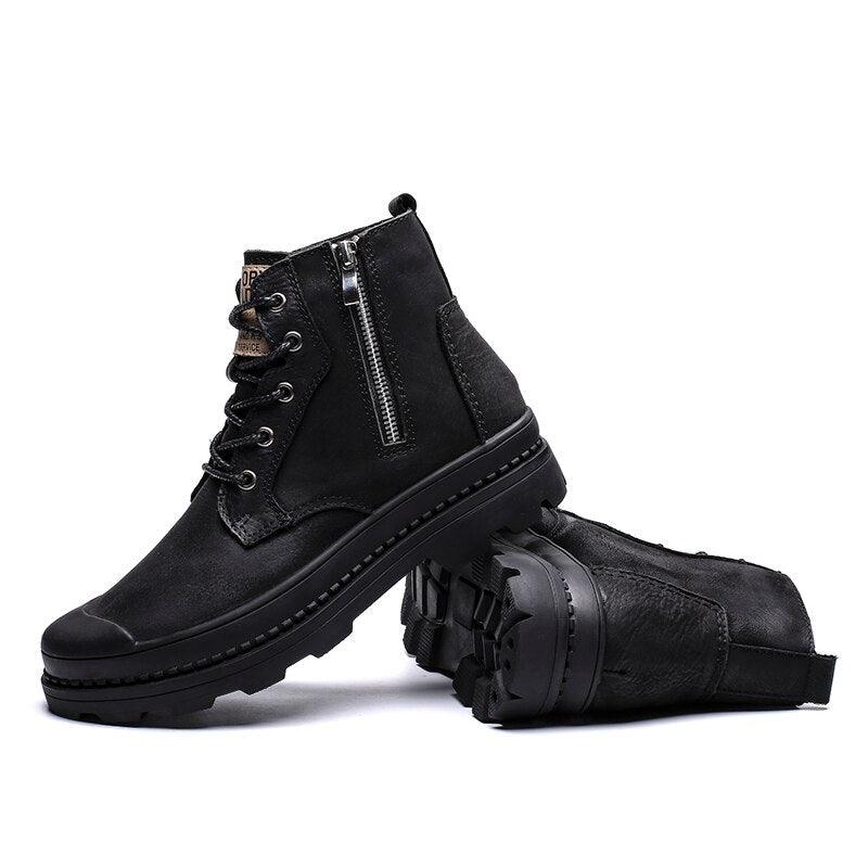 Men's Genuine Leather High Top Zipper Boots - AM APPAREL