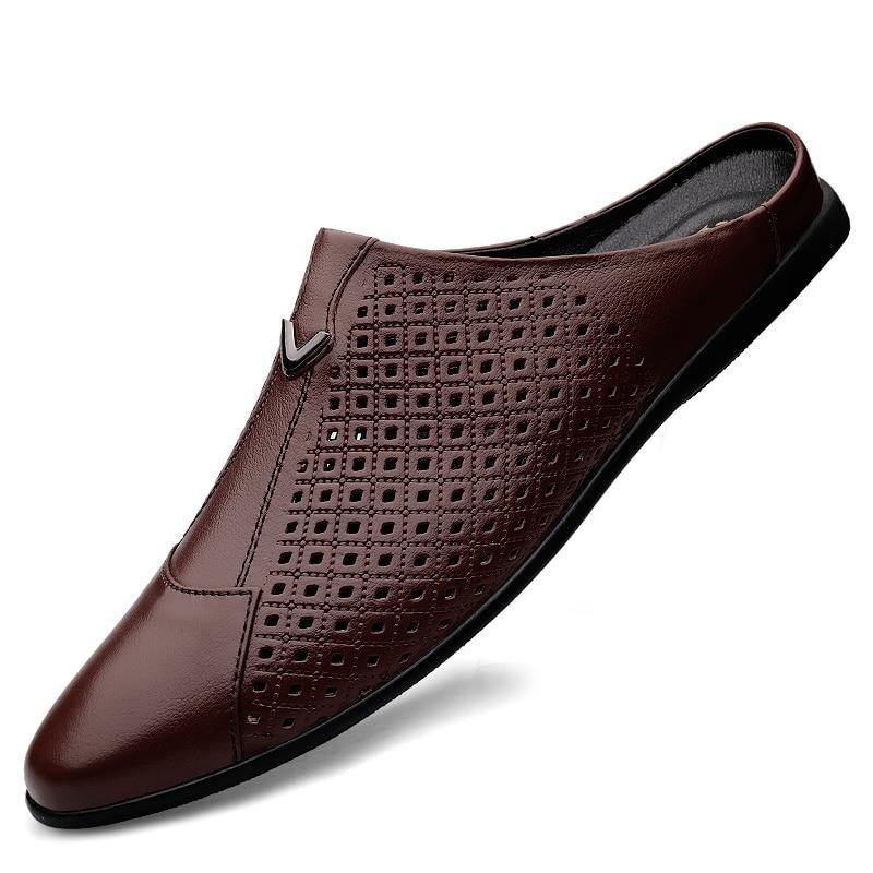 Men's Genuine Leather Mules Backless Loafers - AM APPAREL