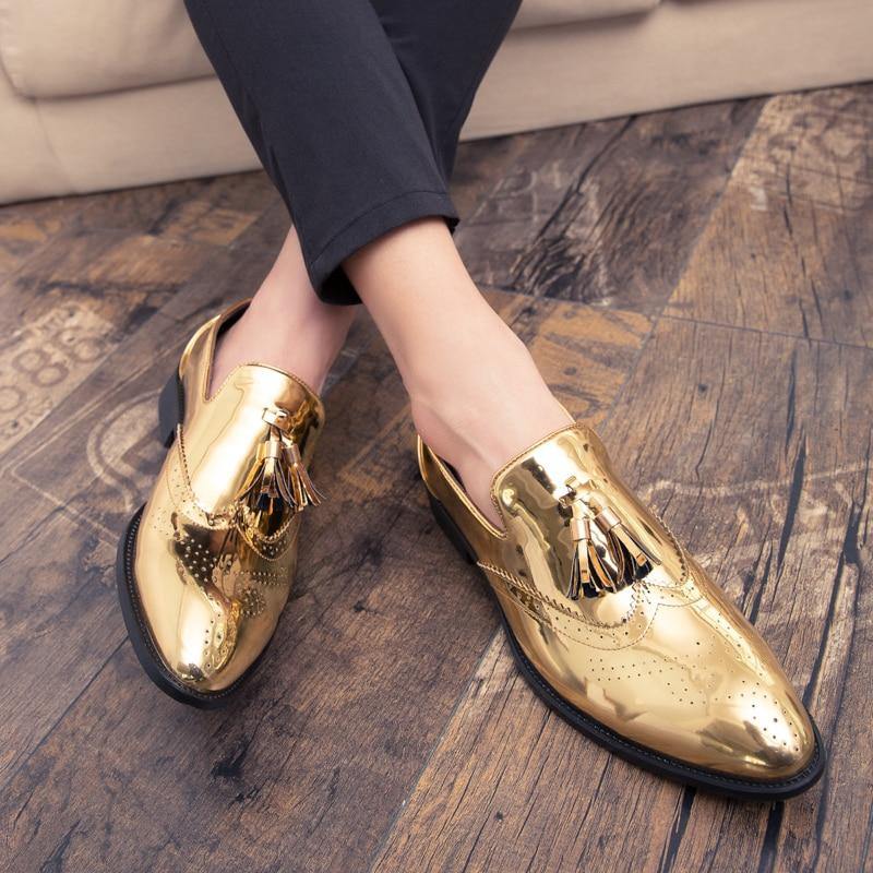 Men's Gold Color Tassel Patent Leather Loafers - AM APPAREL