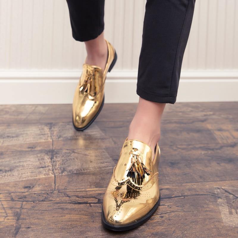 Men's Gold Color Tassel Patent Leather Loafers - AM APPAREL