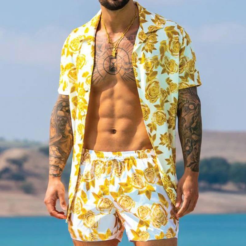 Men's Hawaiian Floral Print Summer Short & Shirt Set - AM APPAREL
