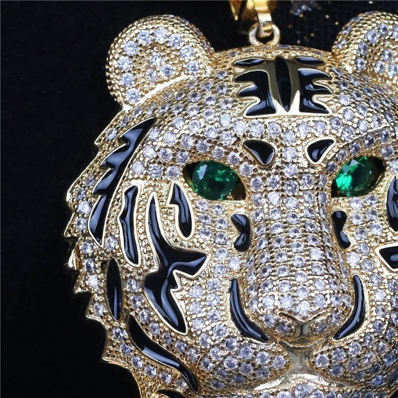 Men's Large Tiger Head Pendant Iced Out Necklace - AM APPAREL