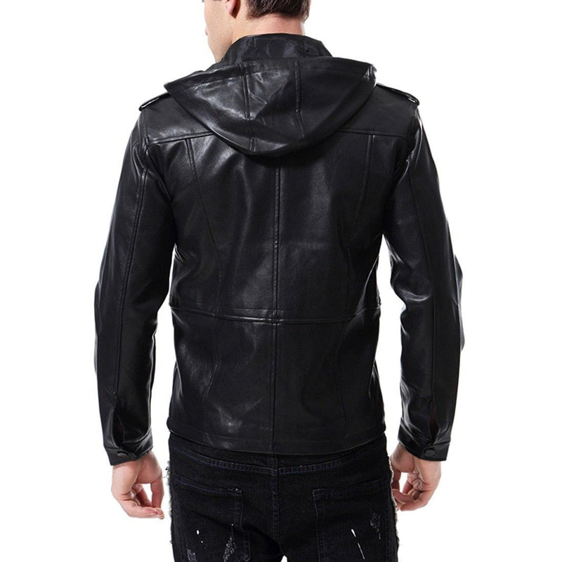 Men's Motorcycle Hooded Faux Leather Jacket - AM APPAREL