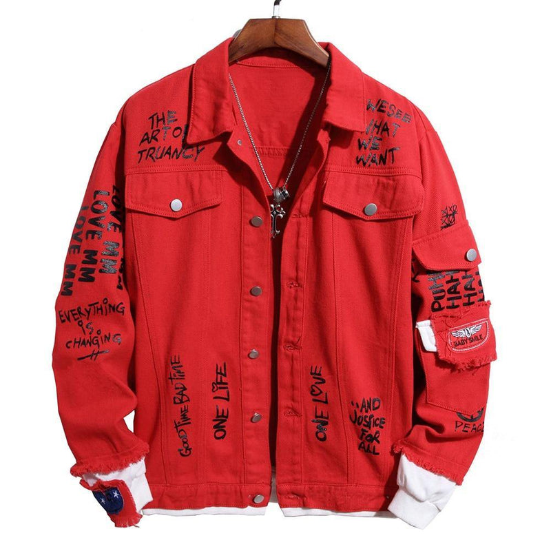 Men's Patchwork Letters Printed Red Denim Jacket - AM APPAREL