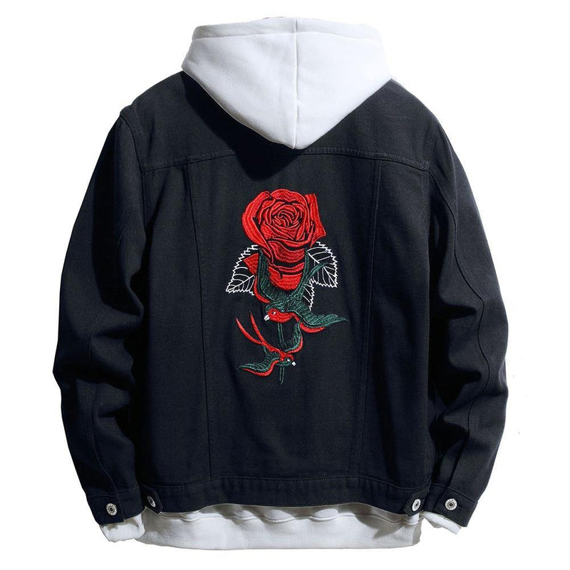 Men's Rose & Bird Embroidery Black Jean Jacket (No Hoodie) - AM APPAREL