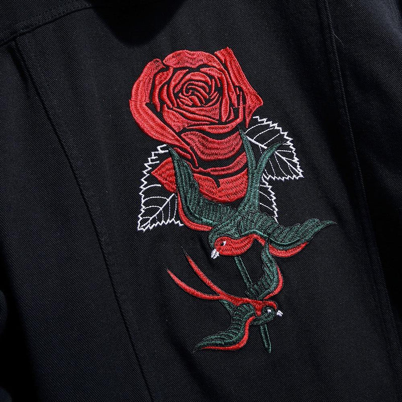 Men's Rose & Bird Embroidery Black Jean Jacket (No Hoodie) - AM APPAREL