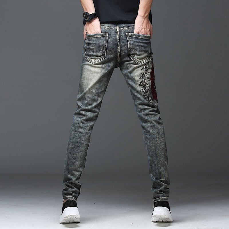 Men's "Skull" Embroidered Stretchy Jeans - AM APPAREL