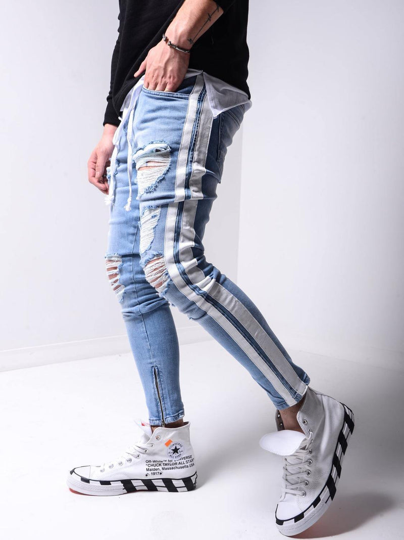 Men's Slim Fit Side Striped Distressed Jeans - AM APPAREL