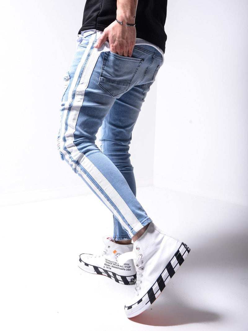 Men's Slim Fit Side Striped Distressed Jeans - AM APPAREL