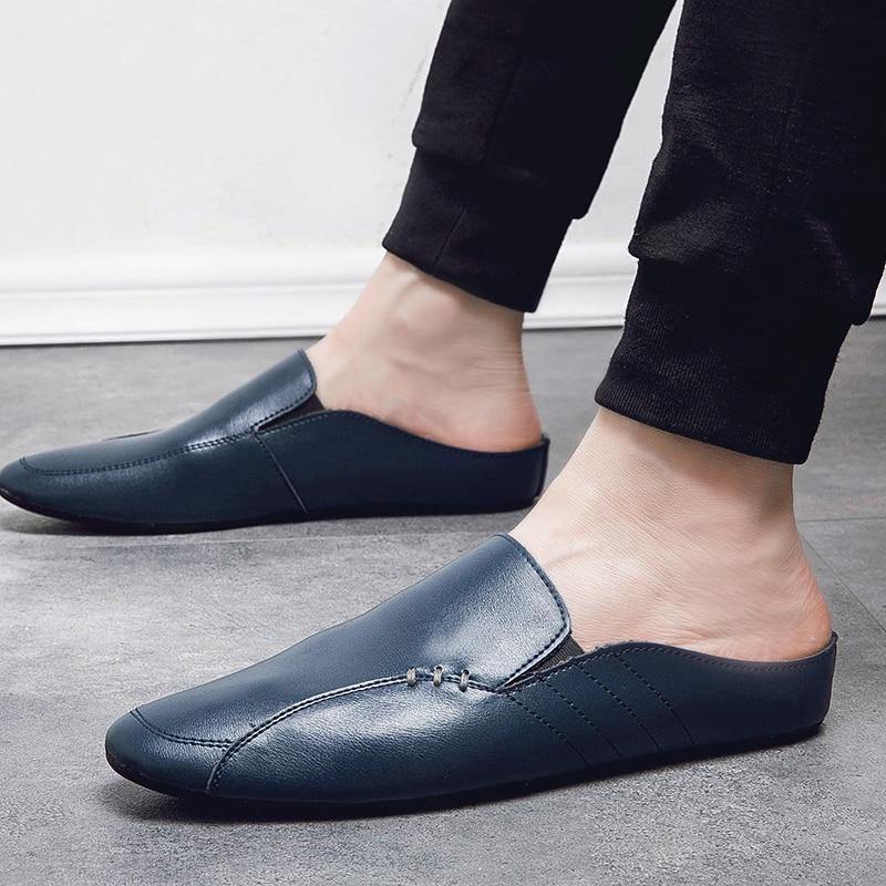 Men's Split Faux Leather Backless Loafers - AM APPAREL