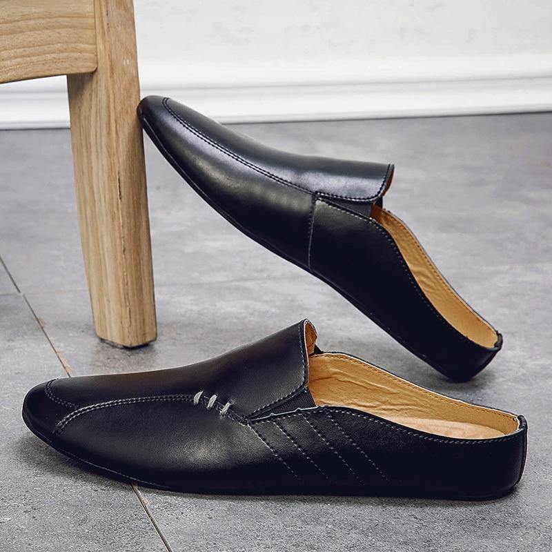 Men's Split Faux Leather Backless Loafers - AM APPAREL