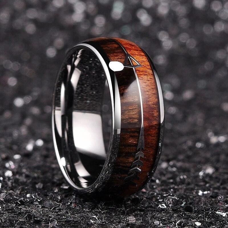 Men's Stainless Steel Wood Inlaid Arrow Ring - AM APPAREL