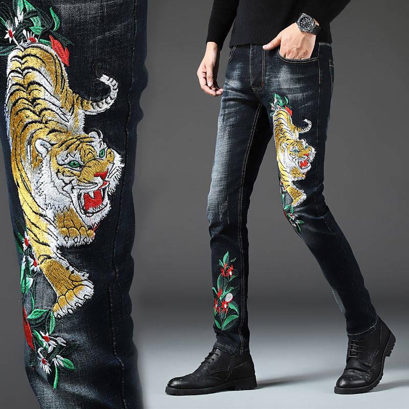 Men's Stretch Slim Fit Tiger Embroidery Jeans - AM APPAREL