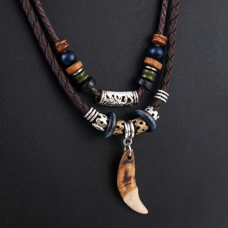 Men's Tooth Pendant Beaded Necklace - AM APPAREL
