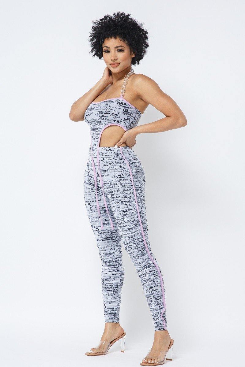 Mesh Print Crop Top With Plastic Chain Halter Neck With Matching Leggings - AM APPAREL