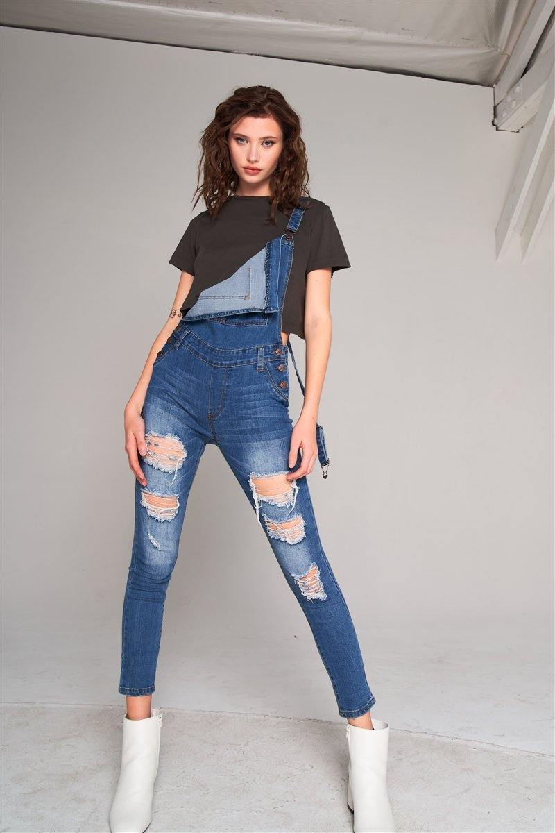 Mid-blue Wash Ripped Sleeveless  Skinny Denim Overall - AM APPAREL