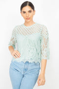 Mock 3/4 Sleeves Lace Designed Top - AM APPAREL
