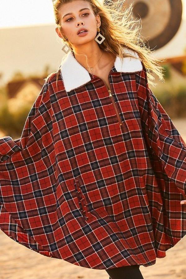 Mock Neck With Zipper Contrast Inside Front Pocket Plaid Poncho - AM APPAREL