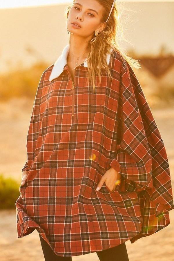 Mock Neck With Zipper Contrast Inside Front Pocket Plaid Poncho - AM APPAREL