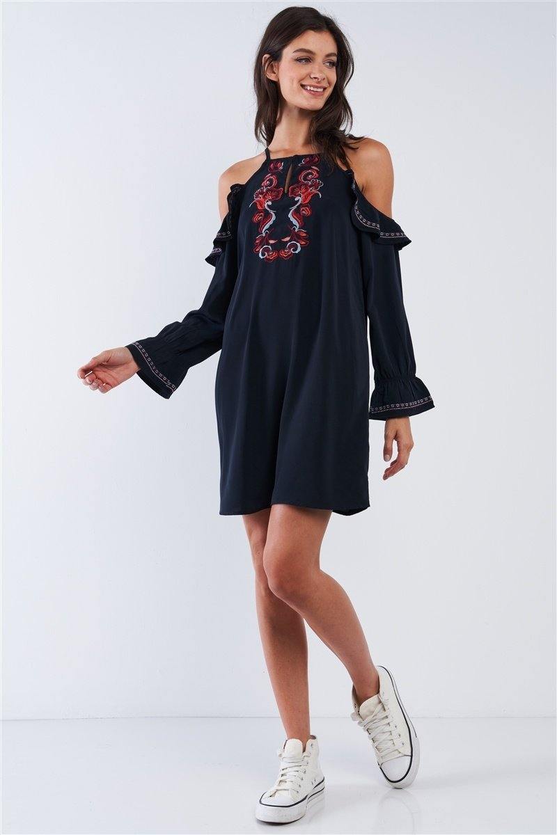 Multicolor Traditional Floral Embroidery Loose Fit Mini Dress - AM APPAREL