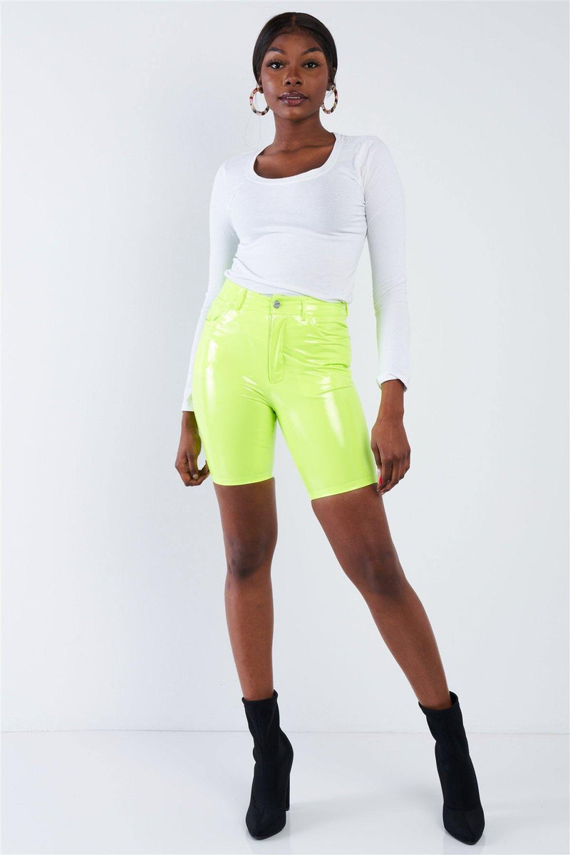 Neon Lime Green Faux Leather Biker Shorts - AM APPAREL