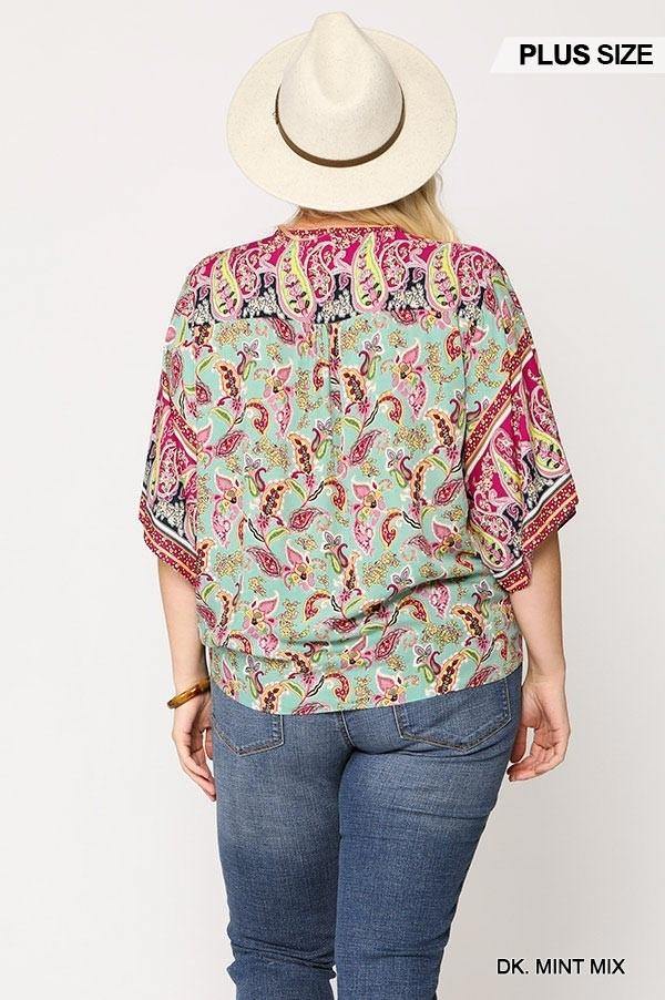 Paisley Printed V-neck Top With Front Tie - AM APPAREL