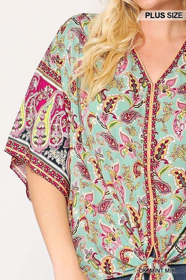 Paisley Printed V-neck Top With Front Tie - AM APPAREL