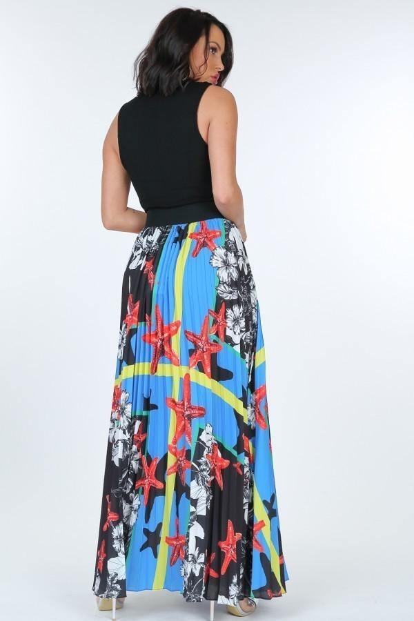 Pleated Print Maxi Skirt With Leather Waist Band - AM APPAREL