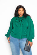 Pleated Sleeve Blouse With Waterfall Frill And Bow - AM APPAREL