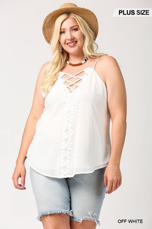 Plunging V-neckline Lattice Top With Scalloped Lace - AM APPAREL