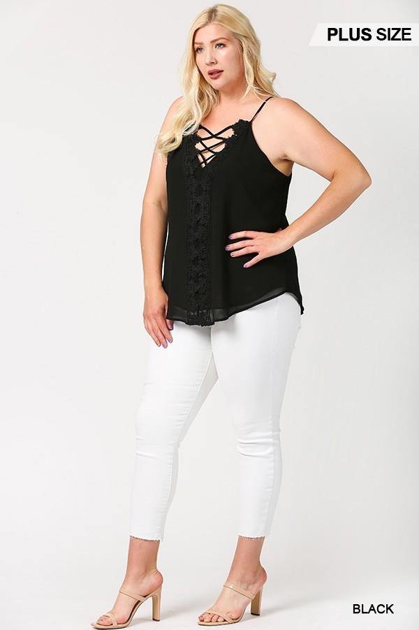 Plunging V-neckline Lattice Top With Scalloped Lace - AM APPAREL