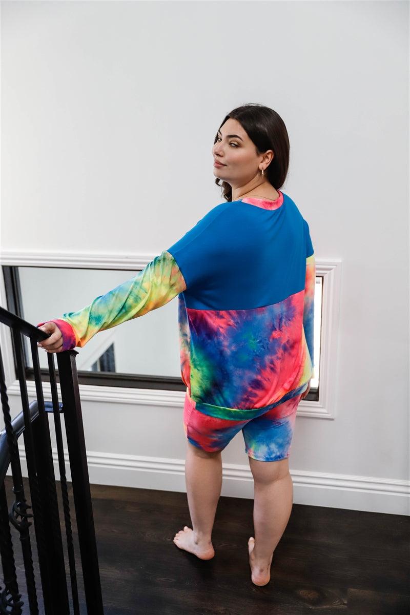 Plus Size Neon Rainbow Tie-dy Top & Biker Shorts Set - AM APPAREL
