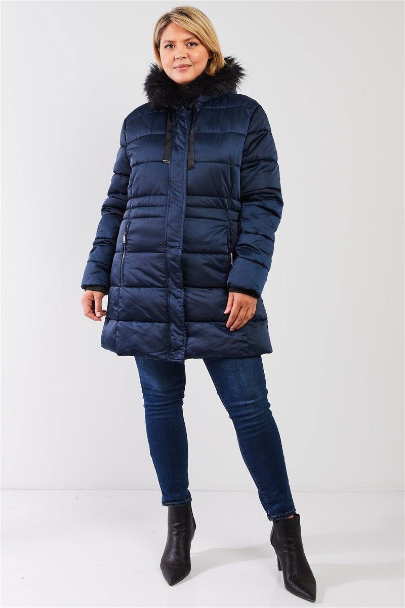 Plus Glossy Long Fitted Vegan Fur Hood Detail Winter Puffer Jacket - AM APPAREL