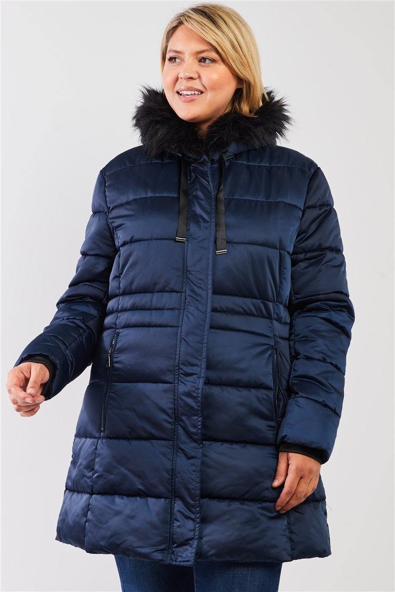 Plus Glossy Long Fitted Vegan Fur Hood Detail Winter Puffer Jacket - AM APPAREL