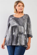 Plus Grey Multicolor Tie-dye Midi Sleeve Relaxed Flare Top - AM APPAREL