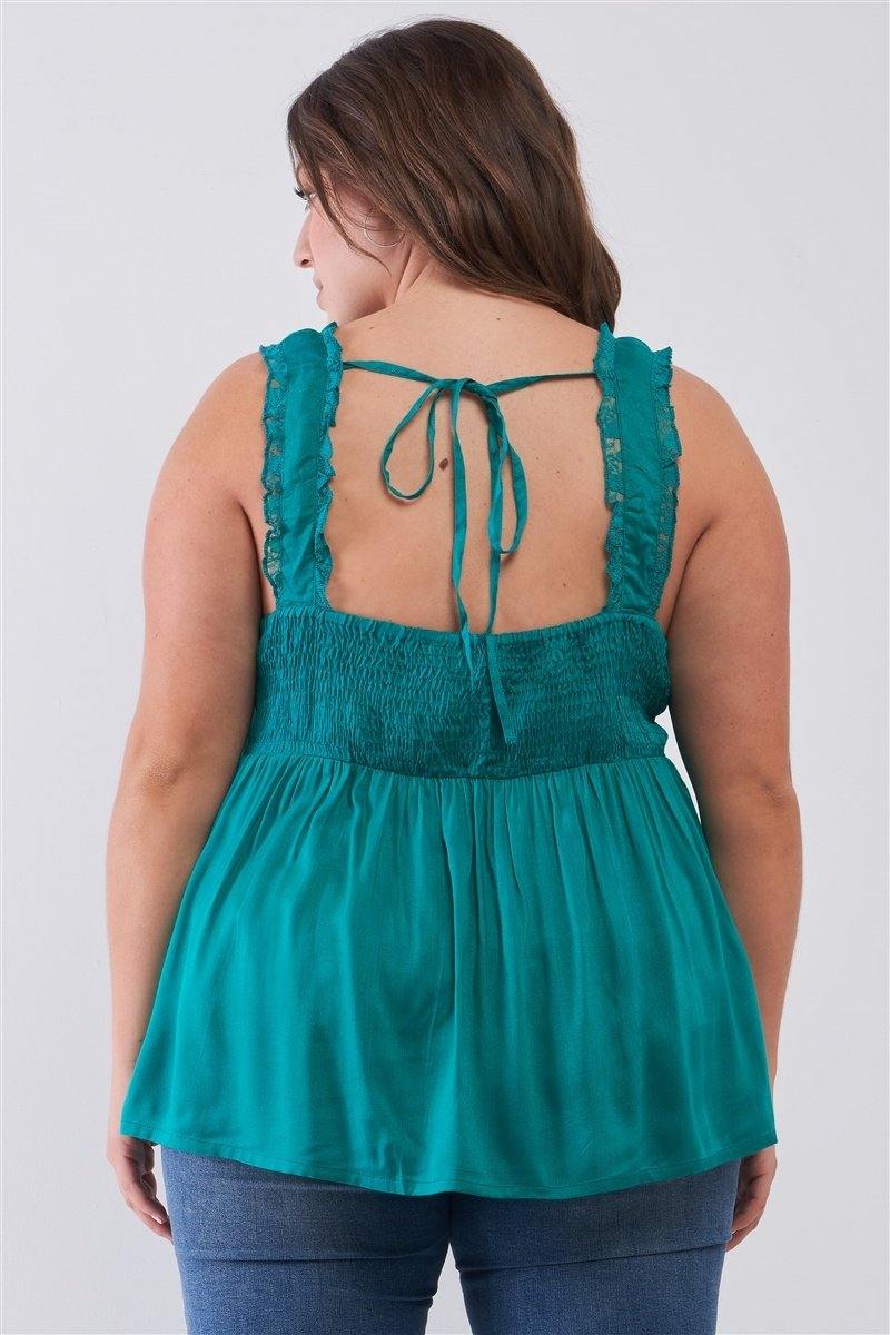 Plus Lace Trim Sleeveless Gathered Front With Self-tie Drawstring Top - AM APPAREL
