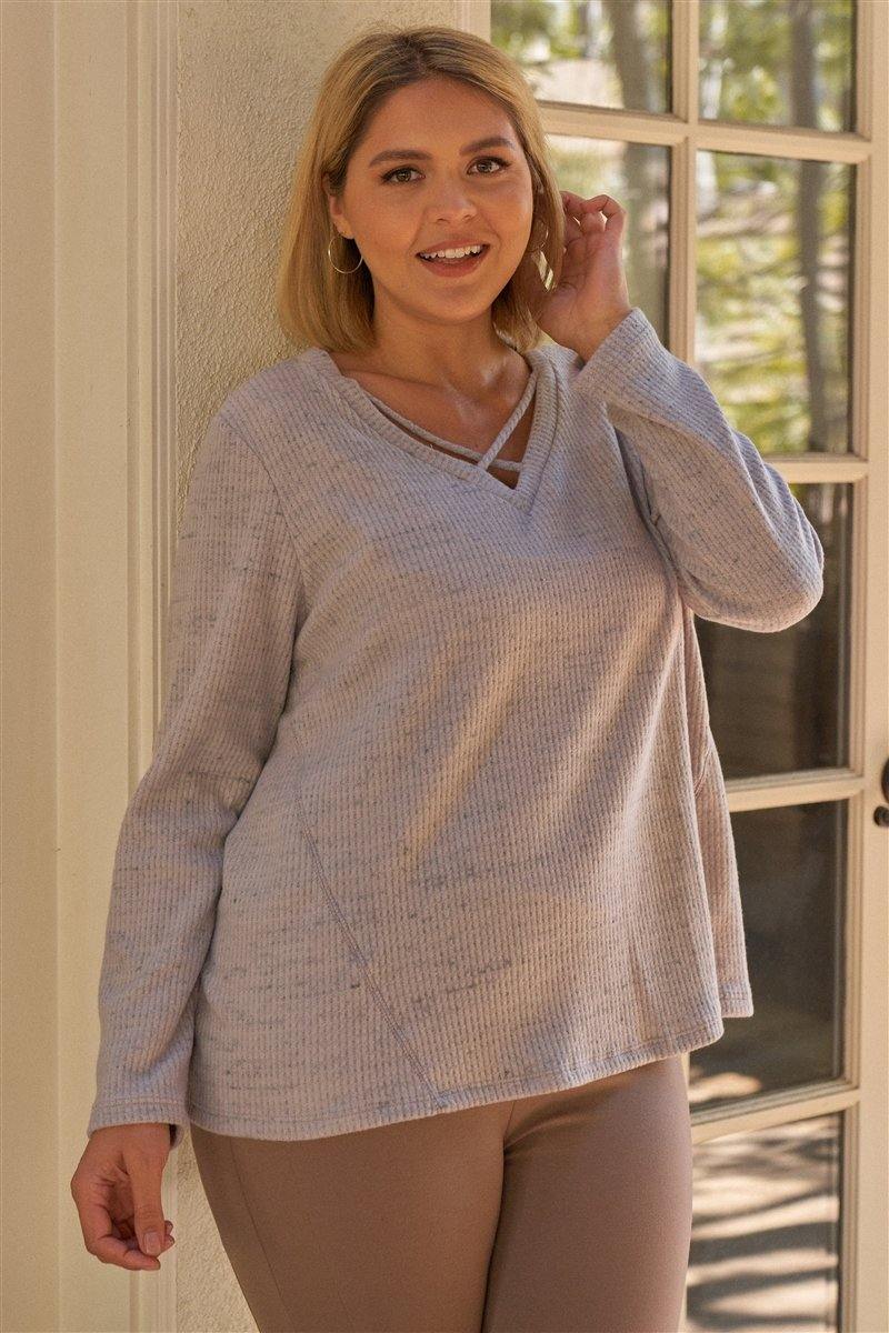Plus Lavender V-neck With Criss-cross Strings Long Sleeve Relaxed Fit Top - AM APPAREL